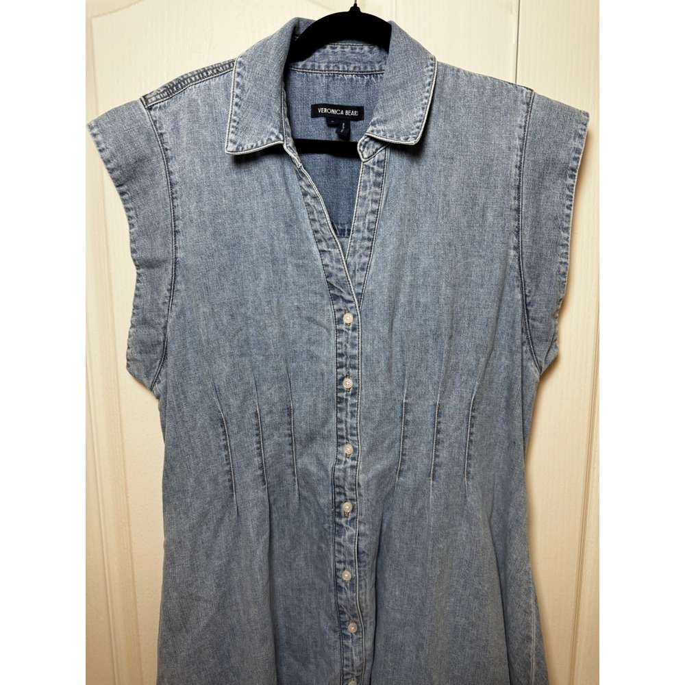 Veronica Beard Ruben Blue Denim Midi Shirtdress Sleeveless Pintuck Waist Size 16 - Picture 3 of 7